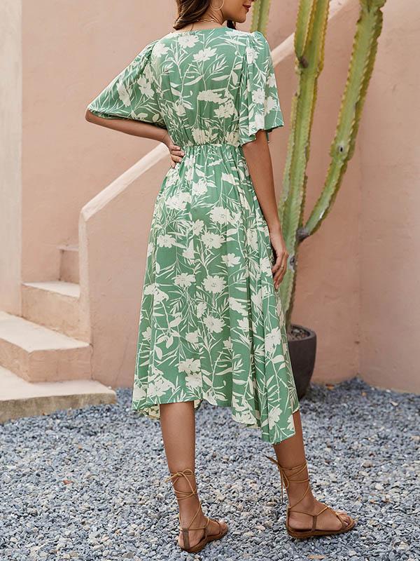 A-Line Half Sleeves Buttoned Contrast Color Pleated V-Neck Midi Dresses Product Image