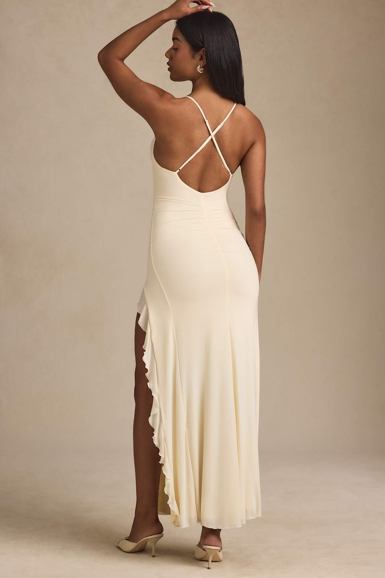 Ruched Ruffle-Trim Maxi Dress in Ivory Product Image