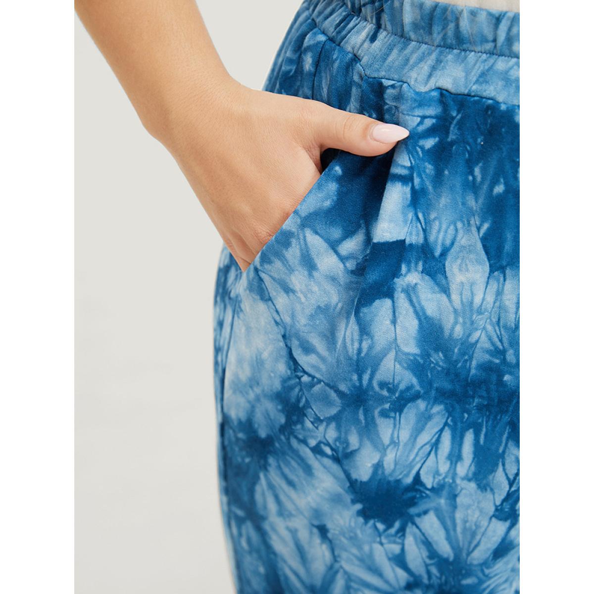 Plus Size Tie Dye Pocket Cut Out Knotted Hem Pants Women Blue Casual Mid Rise Dailywear Pants BloomChic 12/L Product Image