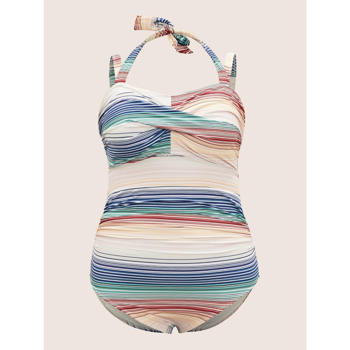 Plus Size Color Striped Crossover Gathered One Piece Swimsuit Women's Swimwear Multicolor Beach Twist Curve Bathing Suits High stretch One Pieces BloomChic 12/L Product Image