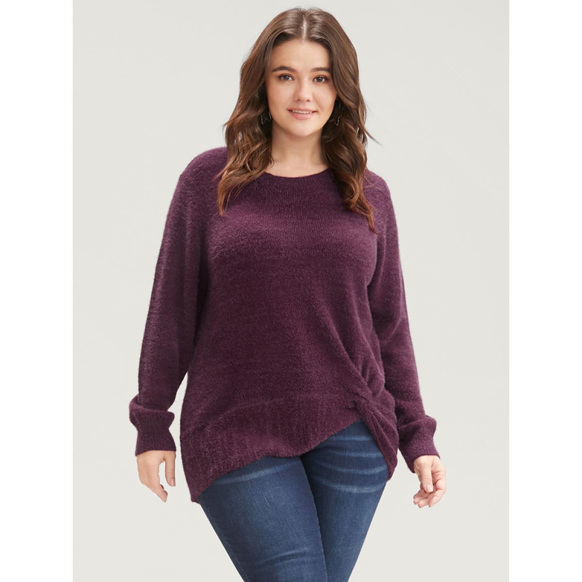Plus Size Solid Soft Sexy Yarn Knit Twist Front Fluffy Knit Top Burgundy Women Elegant Loose Long Sleeve Round Neck Dailywear Pullovers BloomChic 22-24/3X Product Image