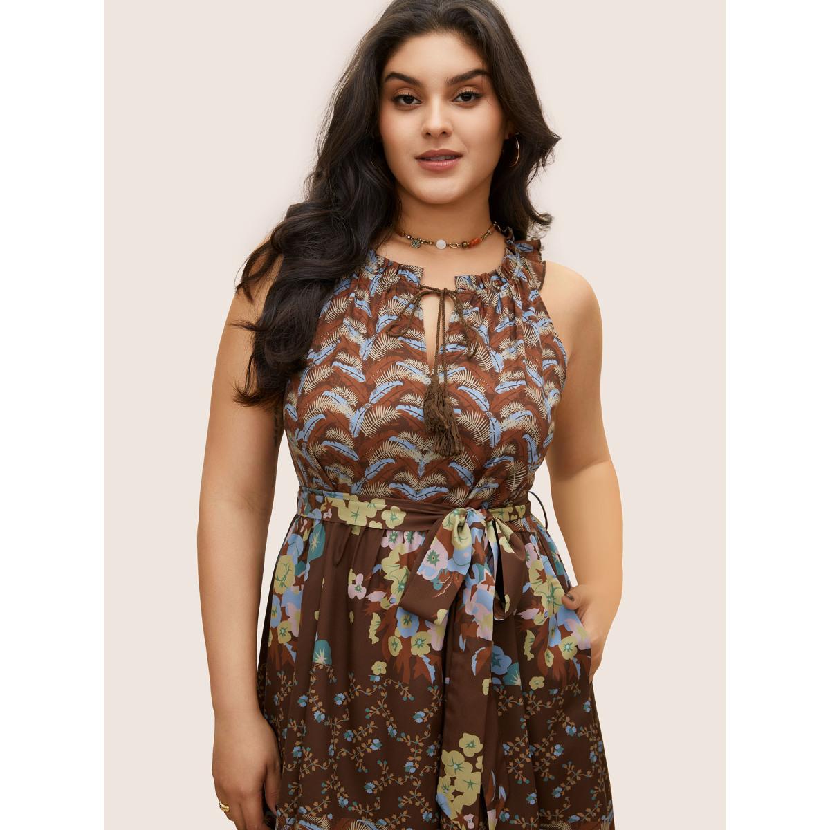 Plus Size Bandana Tie Neck Belted Tassel Trim Dress DarkBrown Women Resort Non V-neck Sleeveless Curvy Midi Dress BloomChic 26/4X Product Image