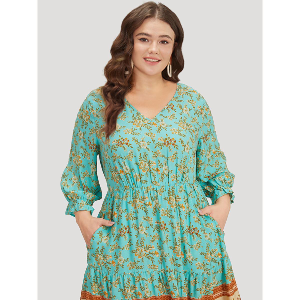 Plus Size Floral Print Lantern Sleeve Contrast Patchwork Dress Aquamarine Women Vacation Elastic cuffs V-neck Half Sleeve Curvy Midi Dress BloomChic 22-24/3X Product Image