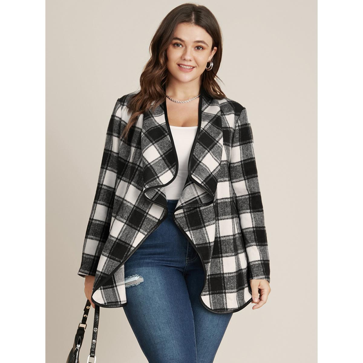 Plus Size Plaid Waterfall Collar Open Front Coat Women Black Elegant Asymmetrical Loose Ladies Dailywear Winter Coats BloomChic 14-16/1X Product Image