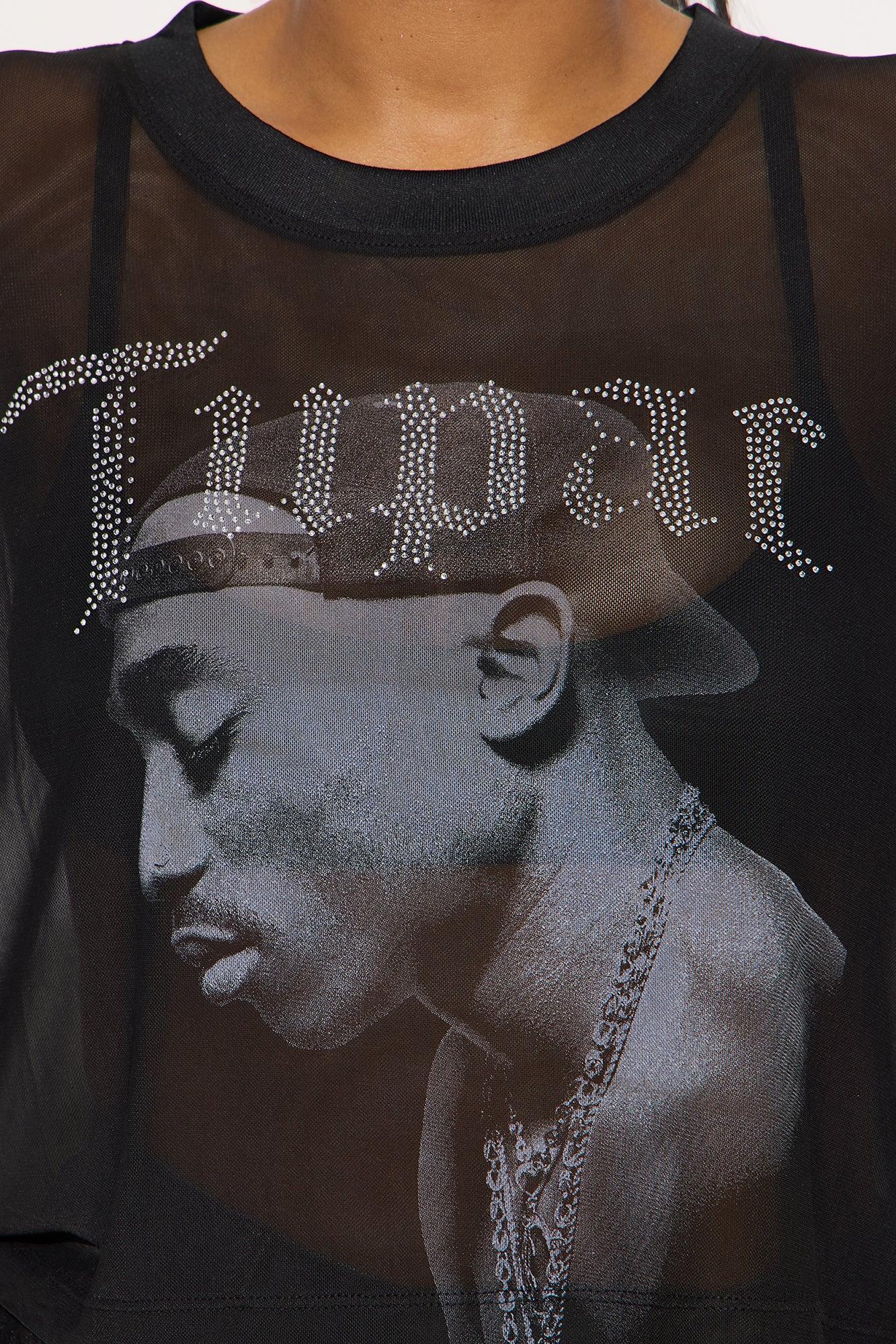 Tupac Mesh Rhinestone Cropped Tee - Black Product Image