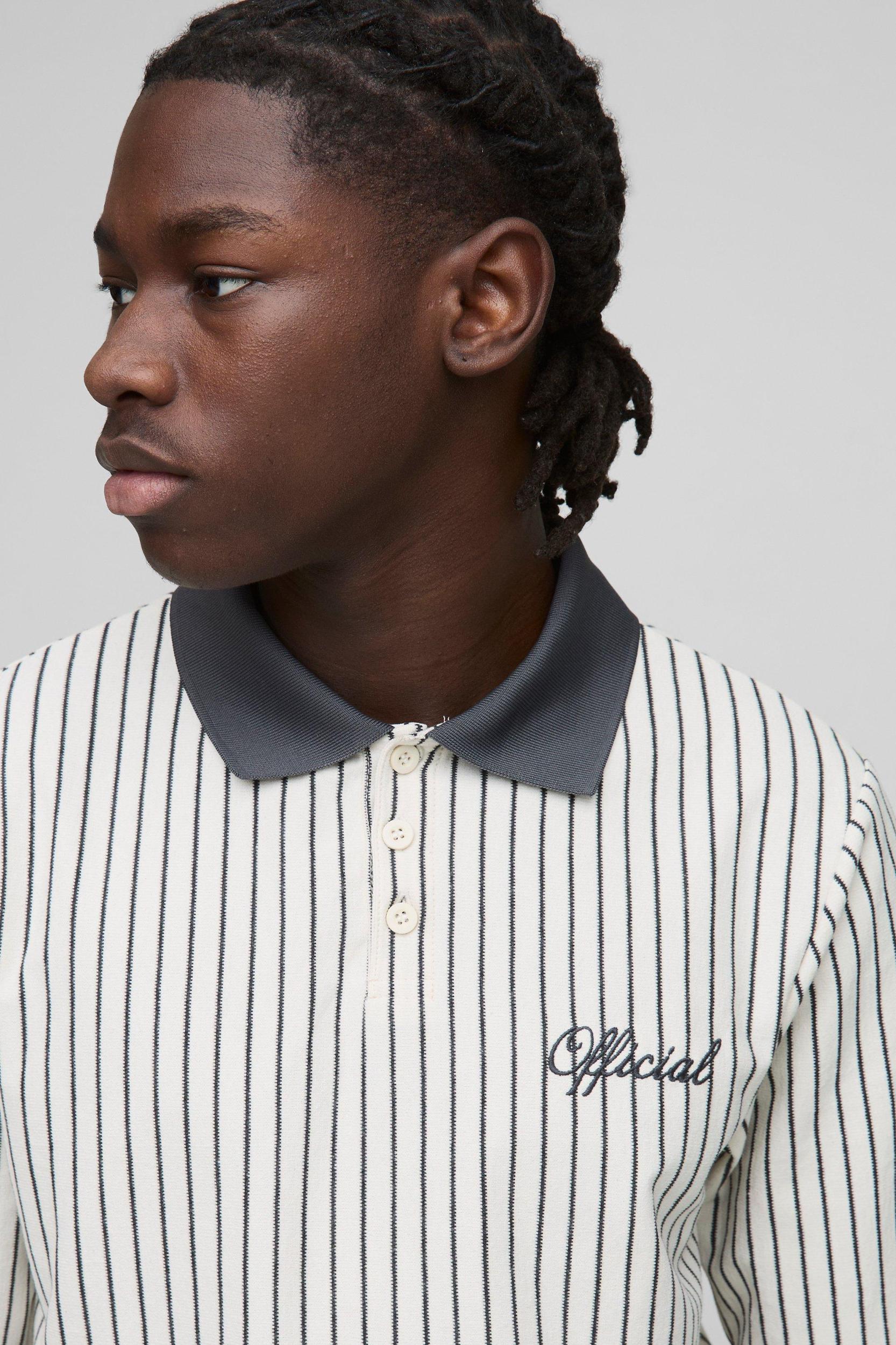 Regular Fit Long Sleeve Stripe Embroidered Rugby Polo | boohooMAN USA Product Image