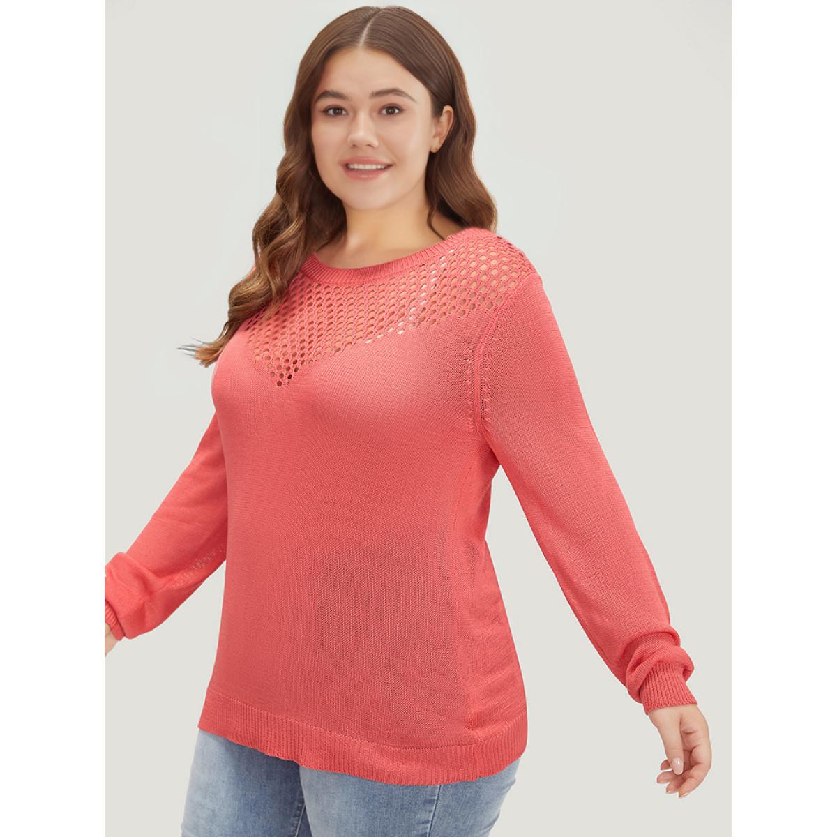 Plus Size Plain Patchwork Cut Out Round Neck Pullover Watermelon Women Casual Bodycon Long Sleeve Round Neck Everyday Pullovers BloomChic 22-24/3X Product Image