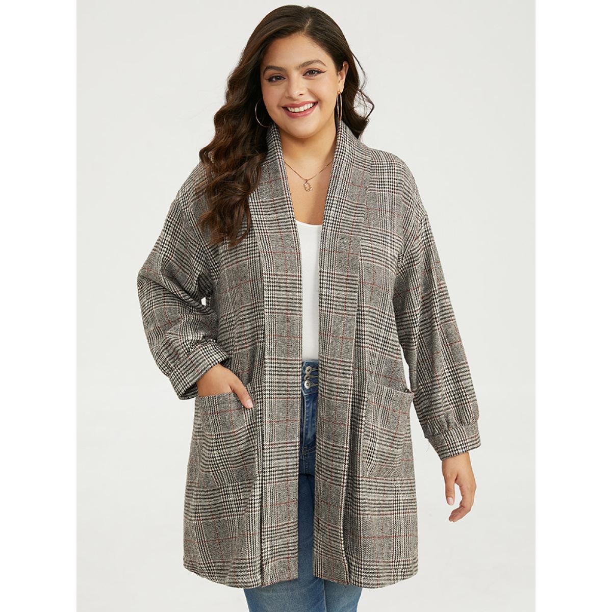 Plus Size Plaid Lapel Collar Patched Pocket Coat Women Tan Casual Texture Ladies Dailywear Winter Coats BloomChic 26/4X Product Image