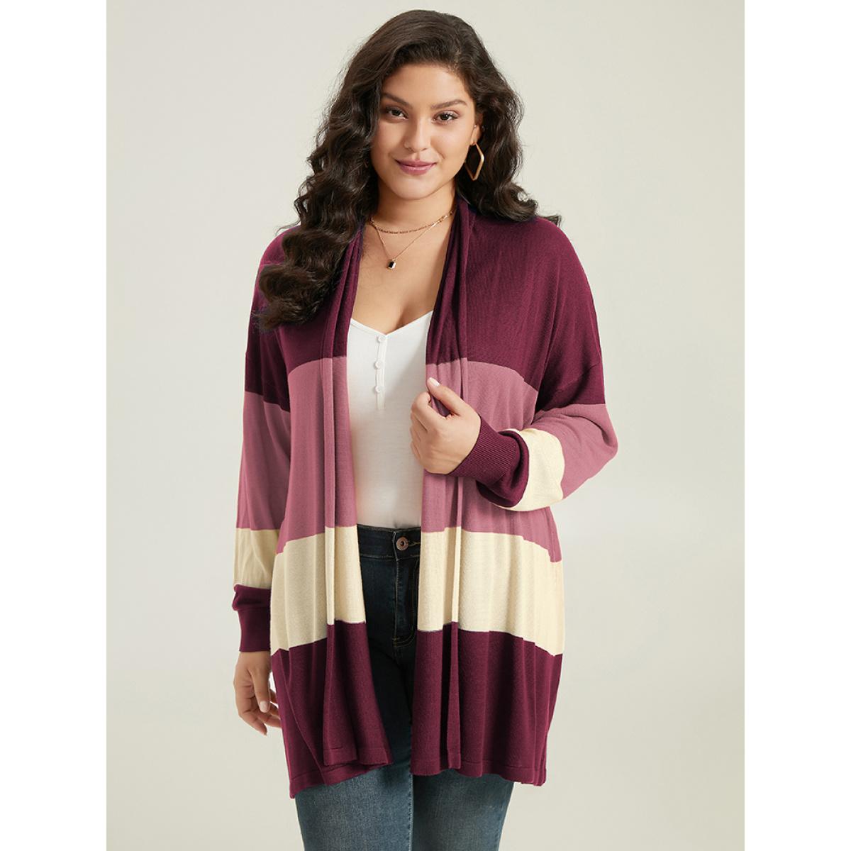 Plus Size Supersoft Essentials Colorblock Contrast Cardigan Burgundy Women Casual Loose Long Sleeve Dailywear Cardigans BloomChic 22-24/3X Product Image