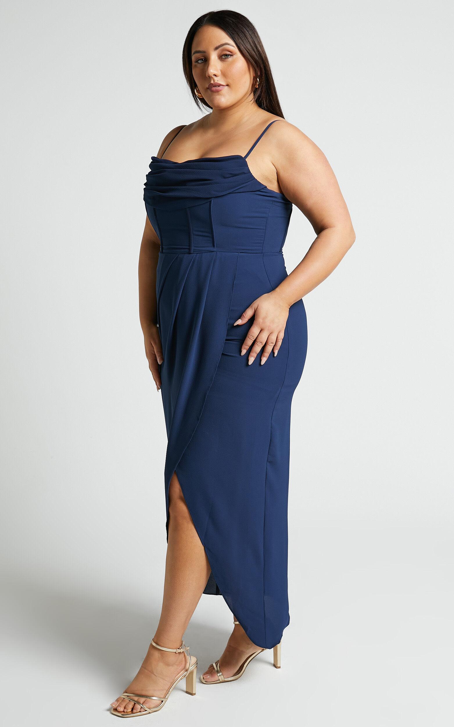Andrina Midi Dress - High Low Wrap Corset Dress in Navy Product Image