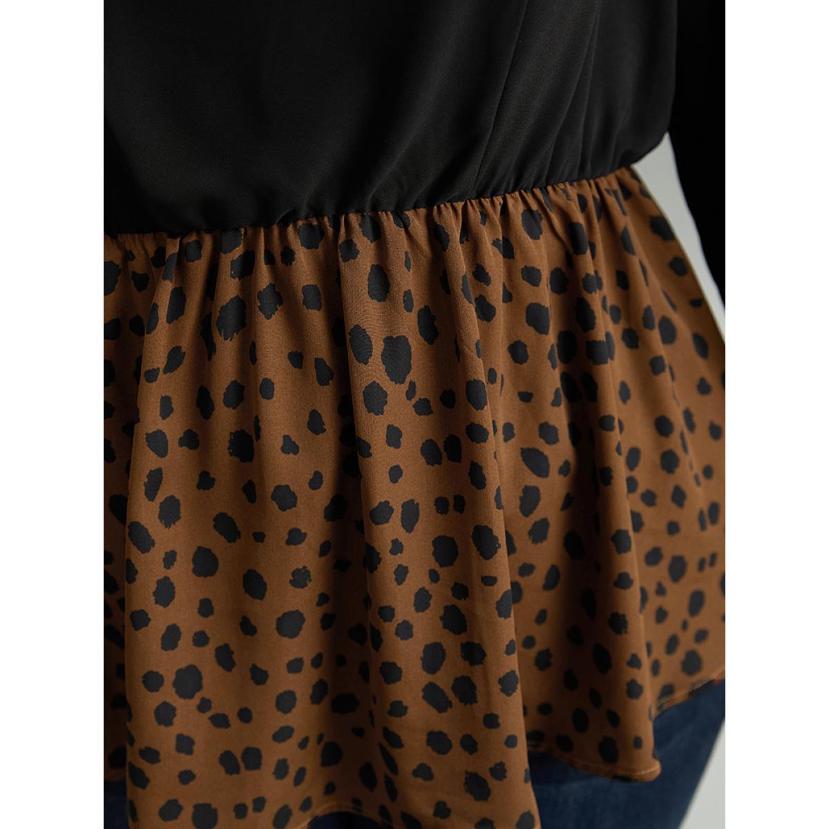 Plus Size Black Leopard Patchwork Elastic Waist Blouse Women Elegant Long Sleeve Lapel Collar Dailywear Blouses BloomChic 18-20/2X Product Image