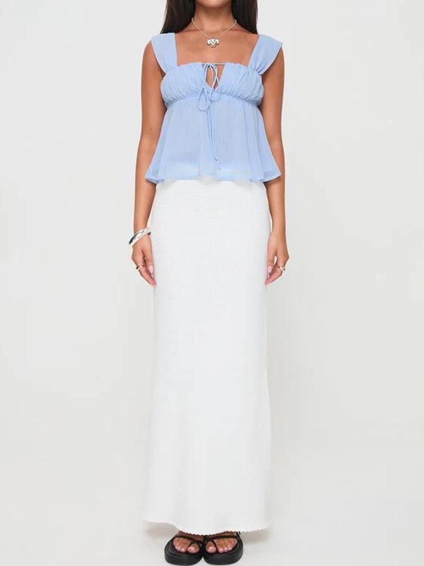 Simple Lace Up Square Neck Blue Tank Top Product Image