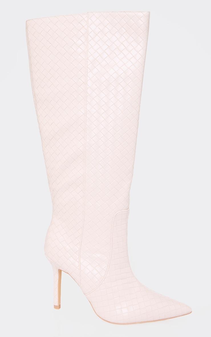 Oatmeal PU Point Toe Basket Weave Knee High Boots Product Image