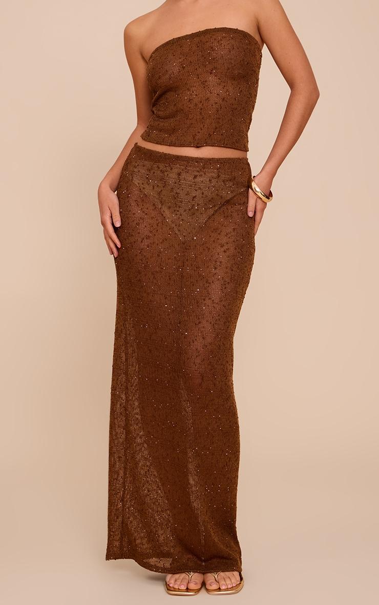 Chocolate Textured Sequin Maxi Skirt Product Image
