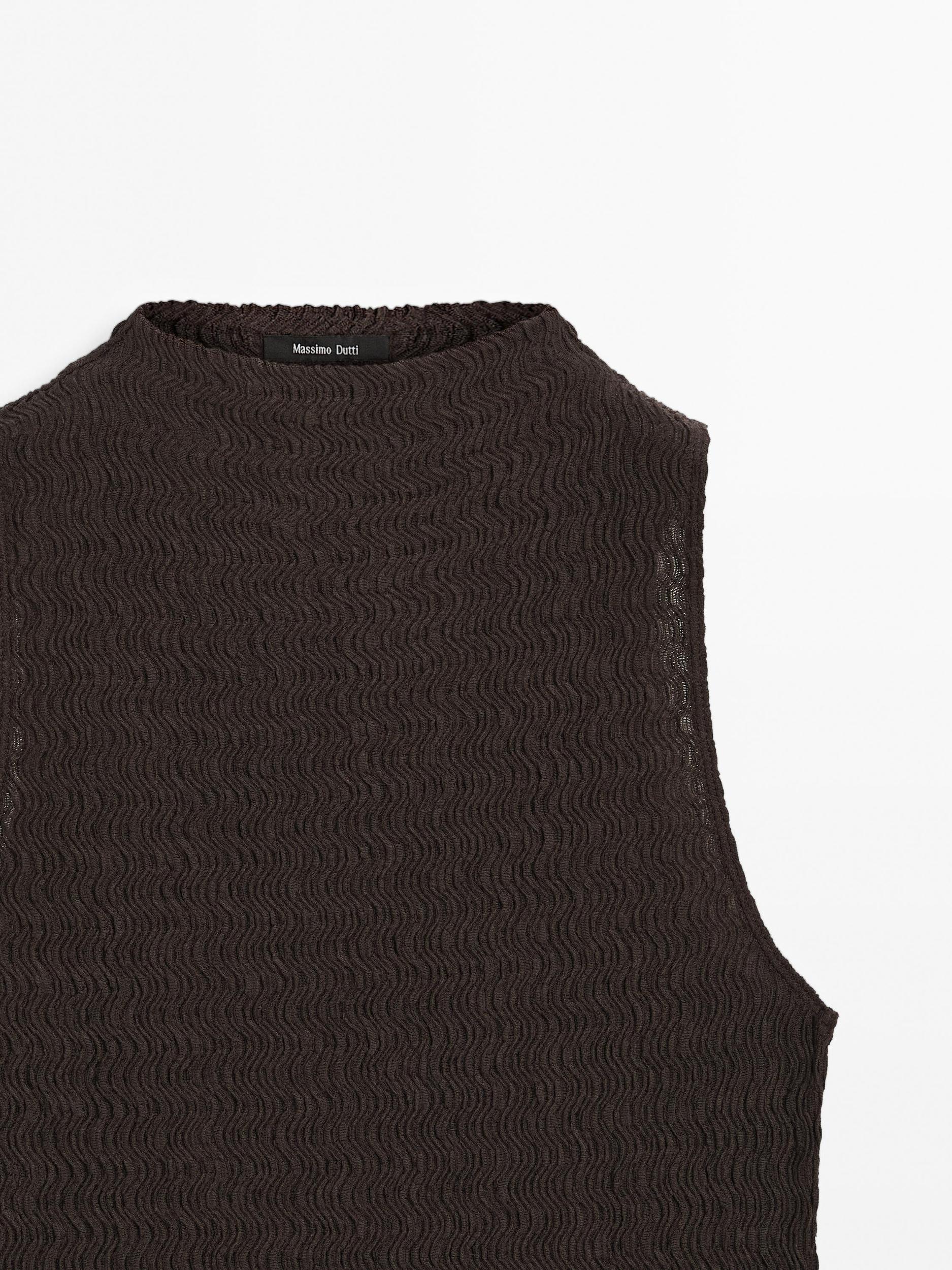 Chocolate linear waffle-knit funnel neck top Product Image