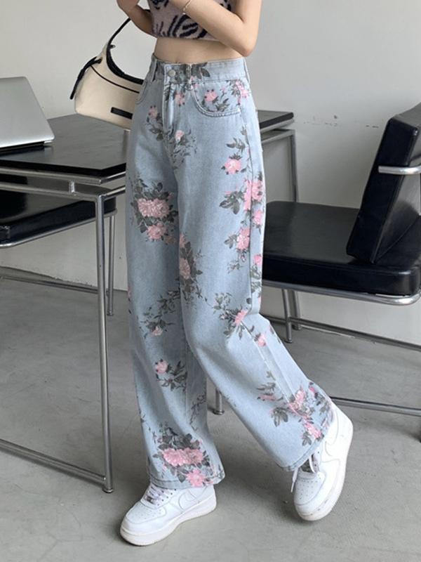 Washed Floral Print Boyfriend Jeans Product Image