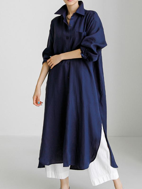 Simple Long Sleeves Split-Side Solid Color Lapel Midi Dresses Shirt Dress Product Image