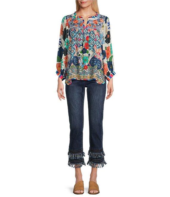 John Mark Embroidered Floral Print Split Neck 3/4 Sleeve Tunic Product Image