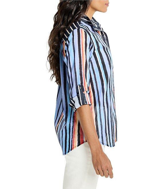 NIC + ZOE Painted Peninsula Stripe Point Collar Long Sleeve Button Front Shirt Product Image