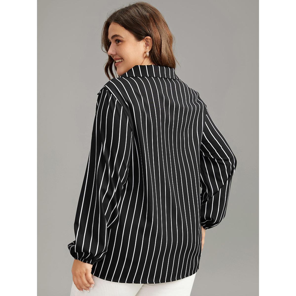 Plus Size Black Striped Shirt Collar Lantern Sleeve Blouse Women Office Long Sleeve Shirt collar Office Blouses BloomChic 30/6X Product Image