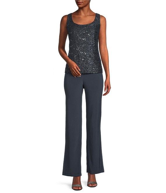 R & M Richards Sequin Glitter Scalloped Lace Scoop Neck 3/4 Sleeve 3-Piece Duster Pant Set Product Image