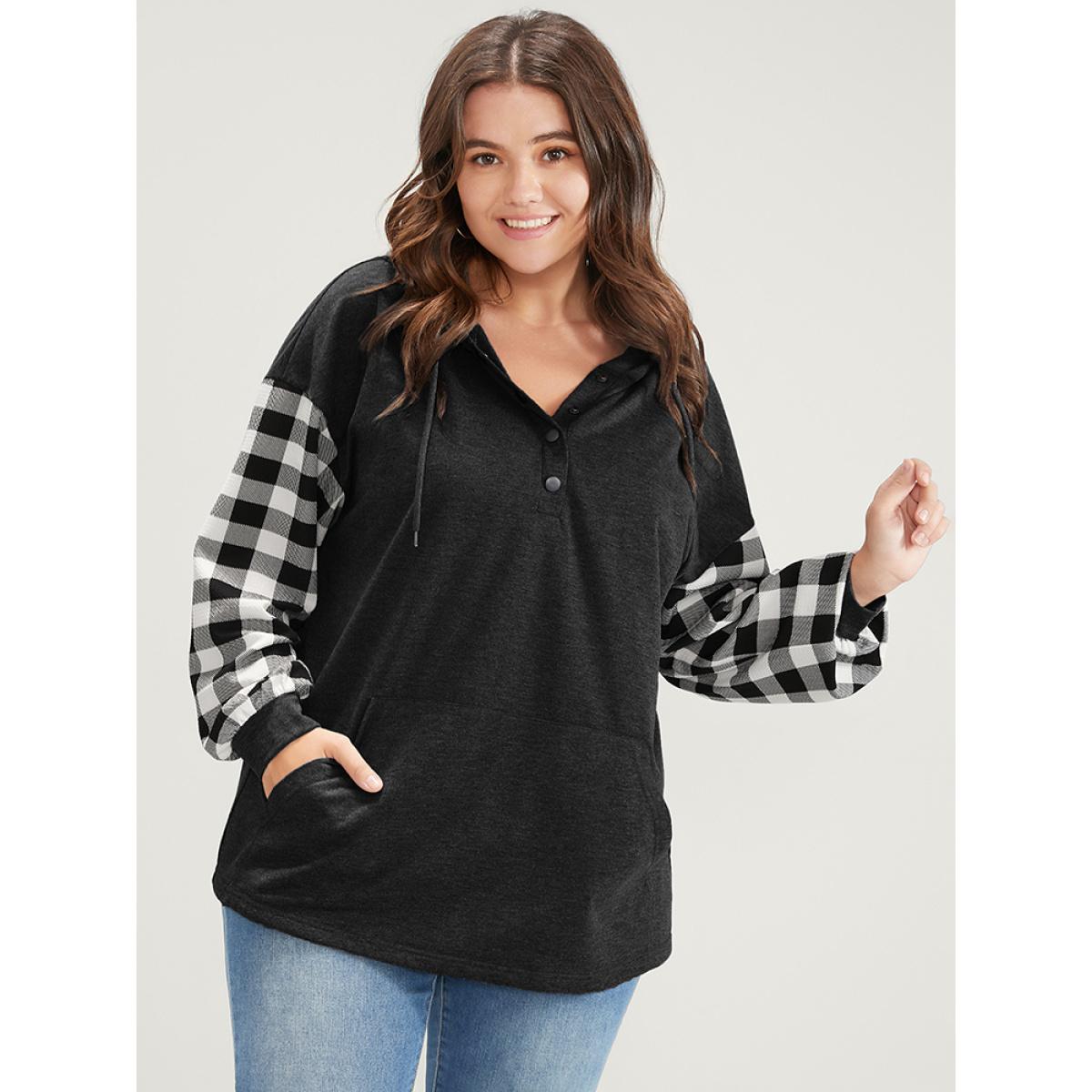 Plus Size Gingham Pocket Button Up Hooded Sweatshirt Women Black Casual Contrast Hooded Dailywear Sweatshirts BloomChic 22-24/3X Product Image