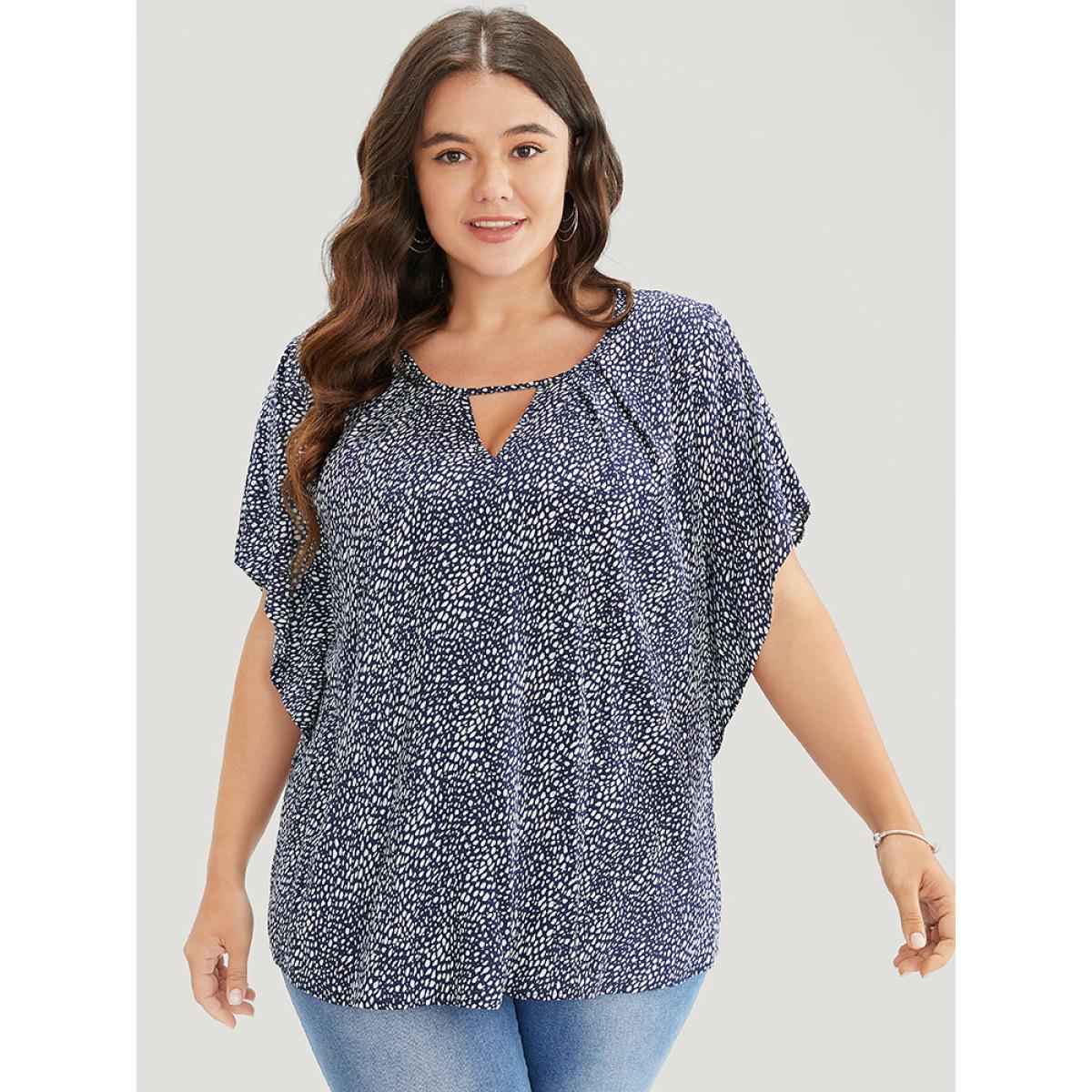 Plus Size Indigo Polka Dot Ruffle Sleeve Keyhole Neck Blouse Women Elegant Short sleeve Round Neck Dailywear Blouses BloomChic 14-16/1X Product Image