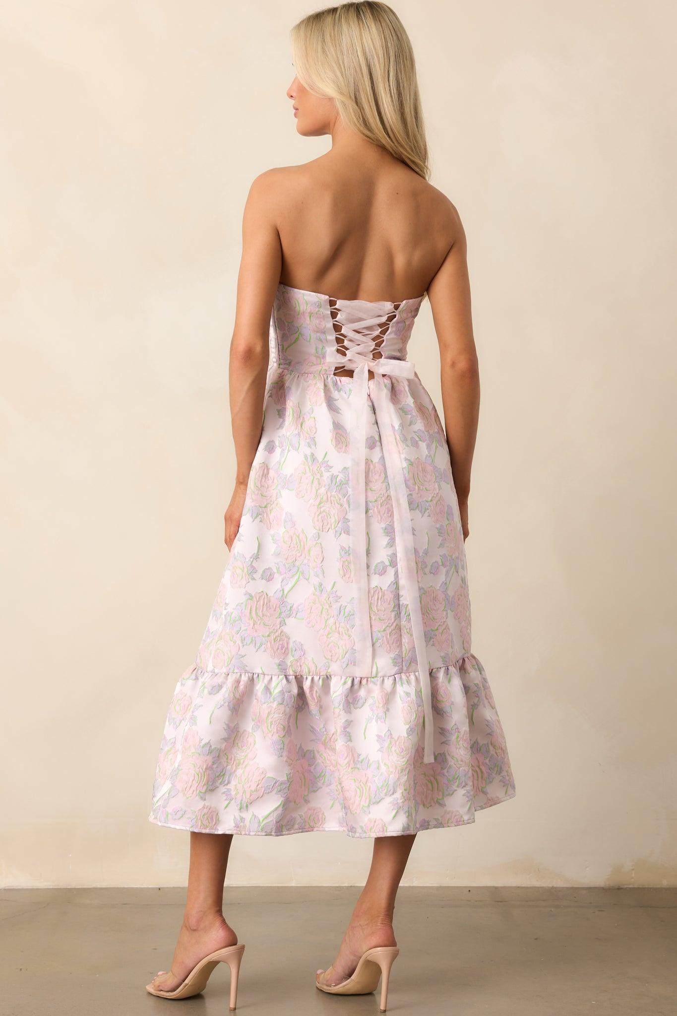 In The Spotlight Lavender Floral Jacquard Strapless Midi Dress Product Image