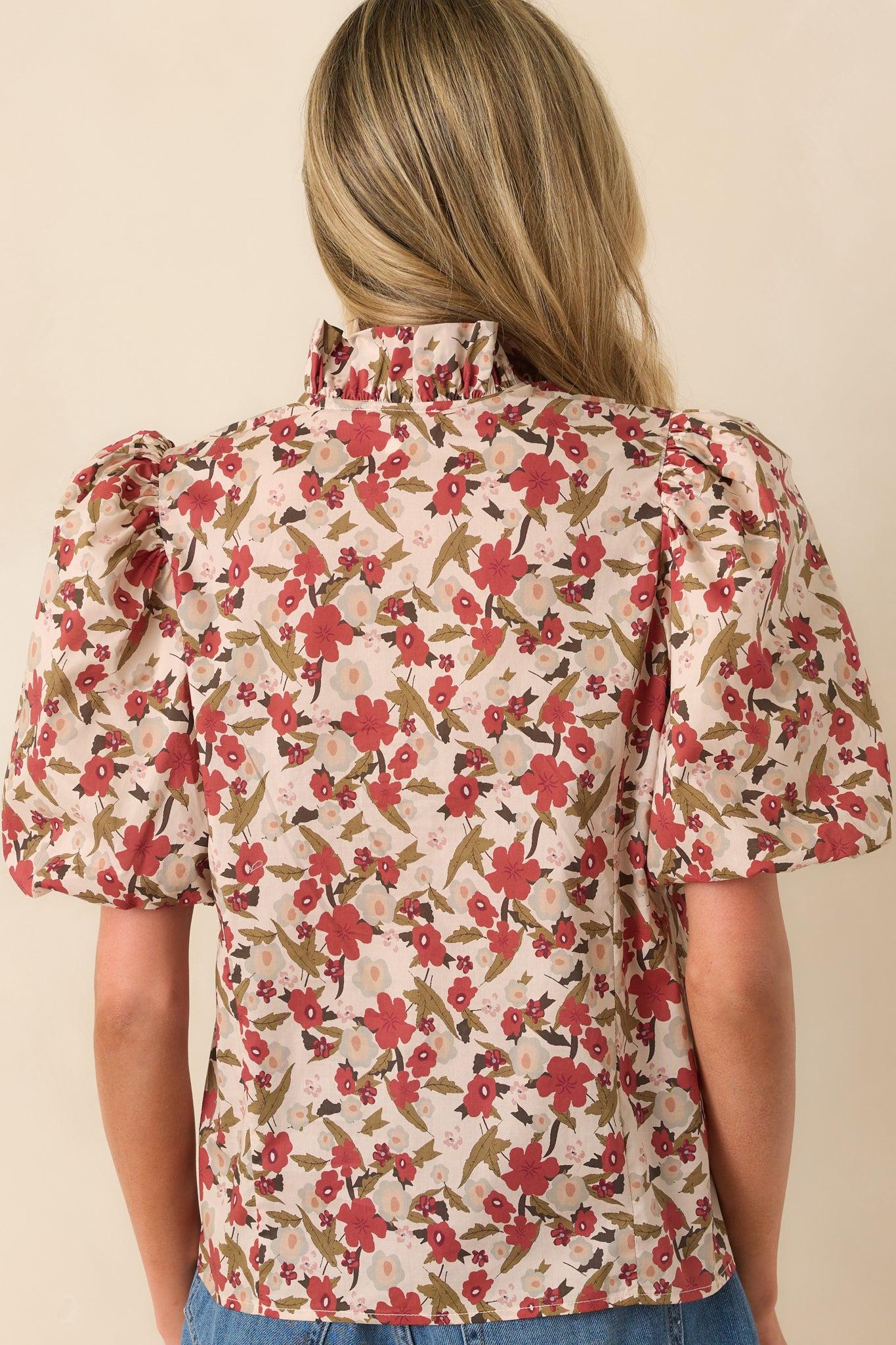 When You Know Red Multi Floral Print Cotton Puff Sleeve Top Product Image