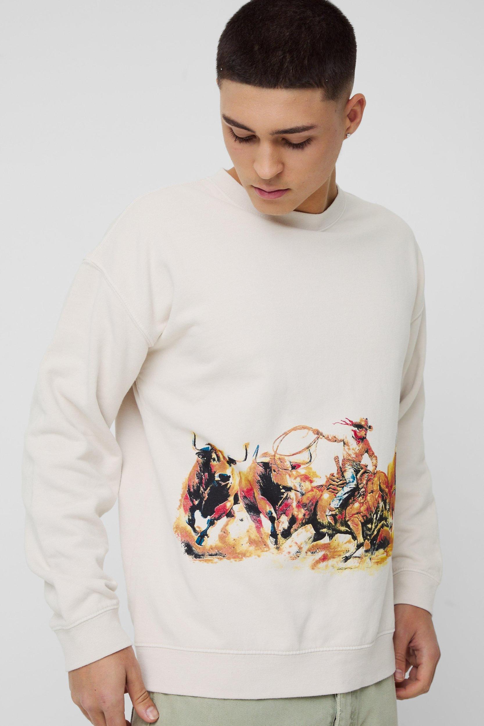 Regular Fit Rodeo Graphic Washed Sweatshirt | boohooMAN USA Product Image