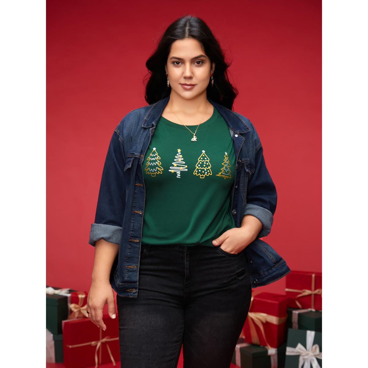 Plus Size Shimmering Trees Half Sleeves Slim-Fit Tee DarkGreen Women Leisure Non Christmas Round Neck Casual T-shirts BloomChic 10/M Product Image