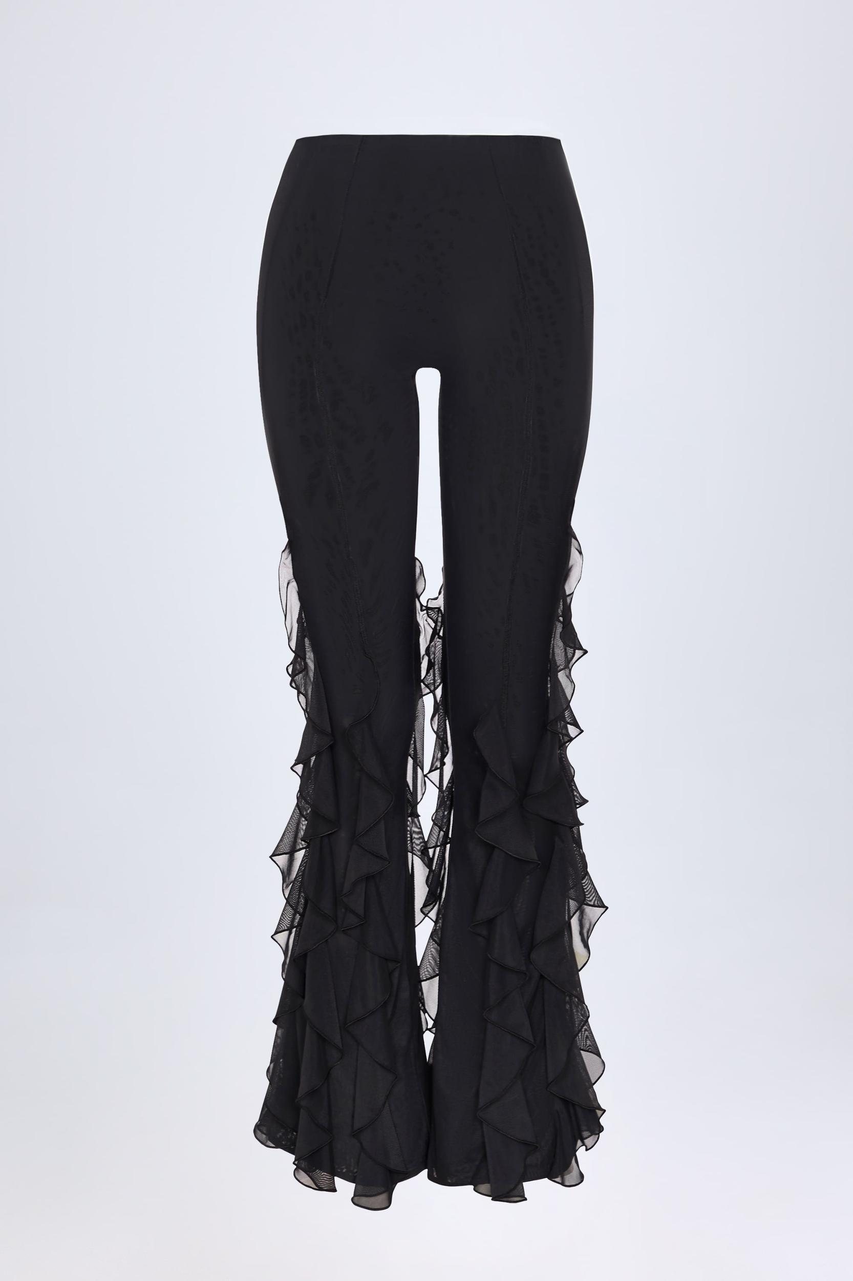Ruffled Mid-Rise Flared Trousers in Black Product Image