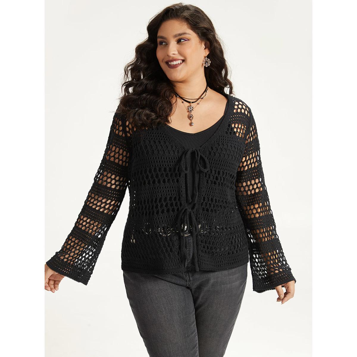 Plus Size Halloween Plain Hollow Out Ties Open Front Cardigan Black Women Casual Loose Long Sleeve Festival-Halloween Cardigans BloomChic 22-24/3X Product Image