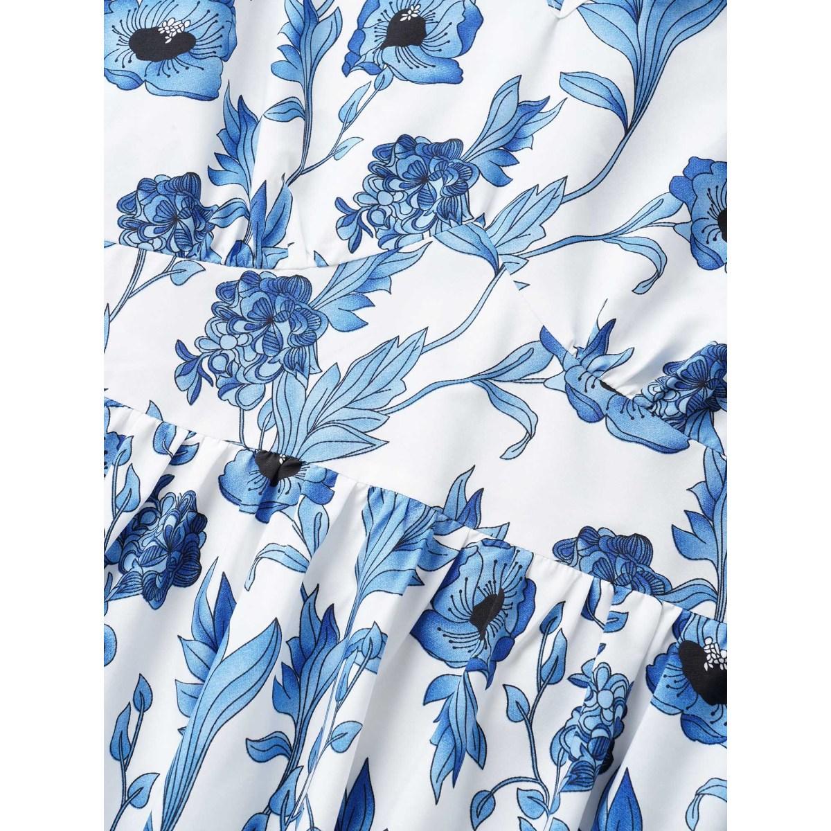 Plus Size Floral Pocket Shirred Elastic Waist Dress White Women Elegant Non V-neck Short sleeve Curvy Midi Dress BloomChic 18-20/2X Product Image