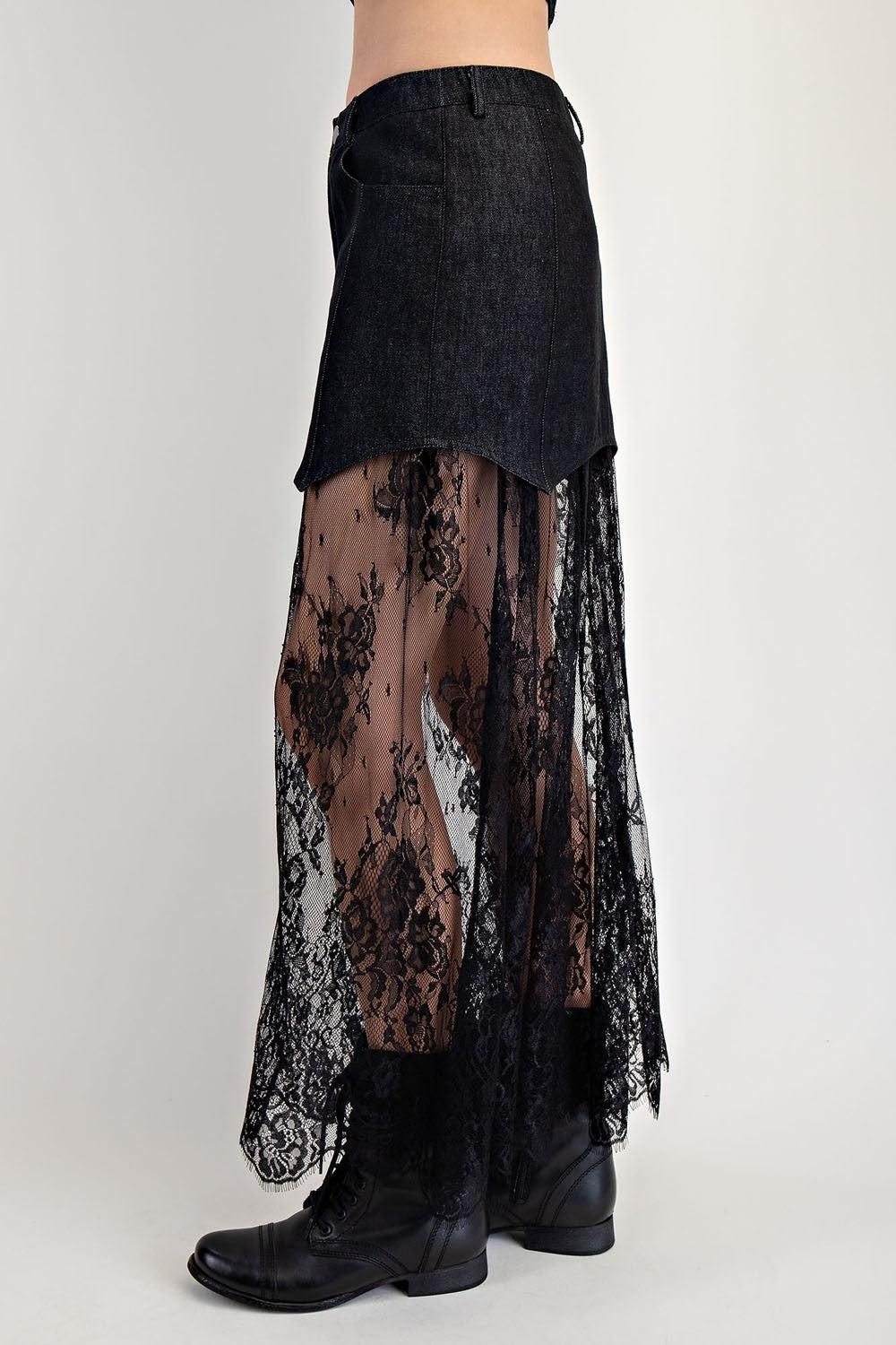Lace Contrast Denim Maxi Skirt Product Image
