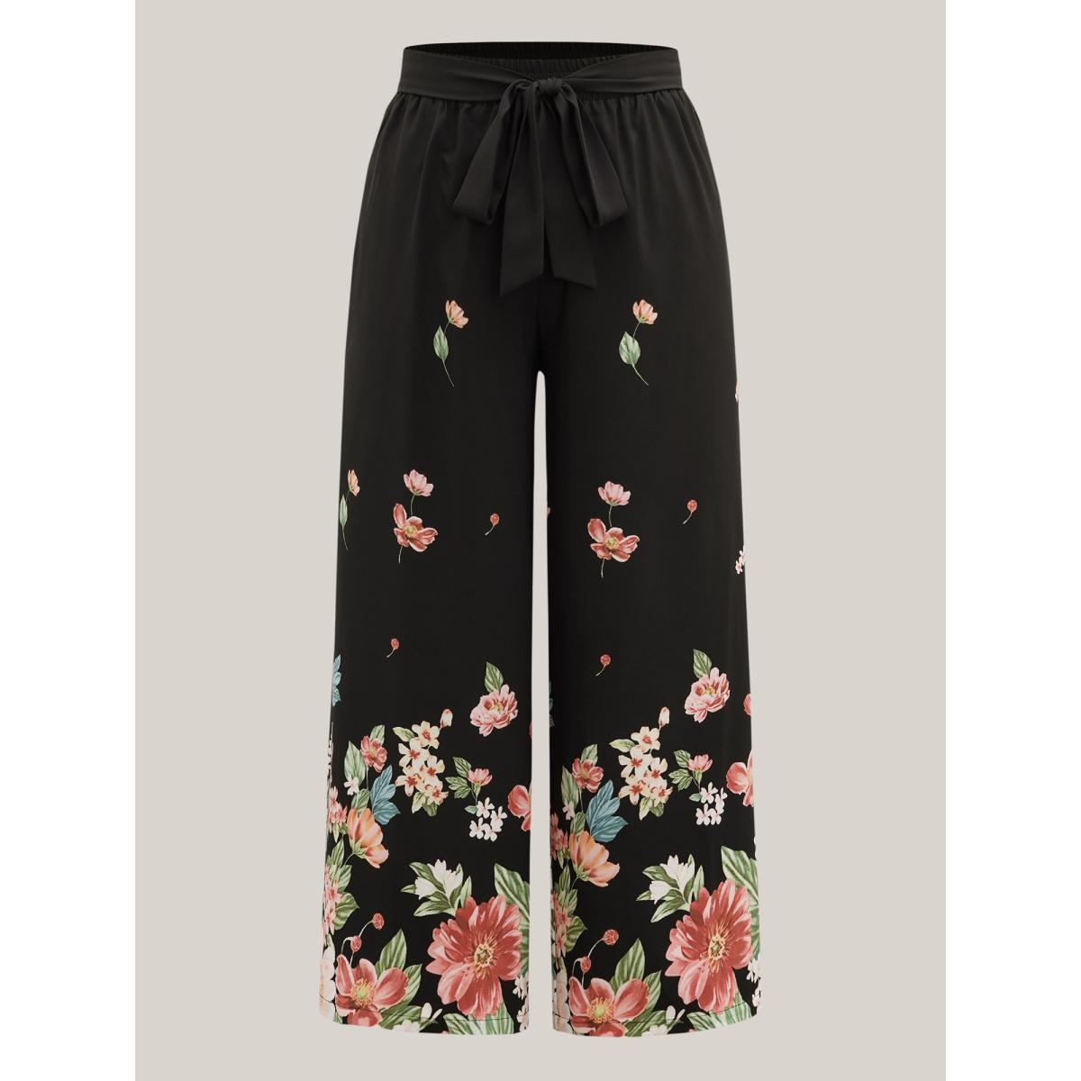 Plus Size Floral Print Belted Wide-Leg Pants Women BlackFlower Resort Wide Leg Mid Rise Vacation Pants BloomChic 28/5X Product Image