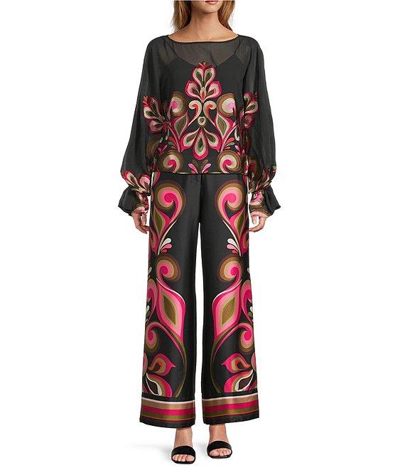Trina Turk Coordinating Soho Embroidered Print Boat Neck Long Balloon Sleeve Blouse Product Image