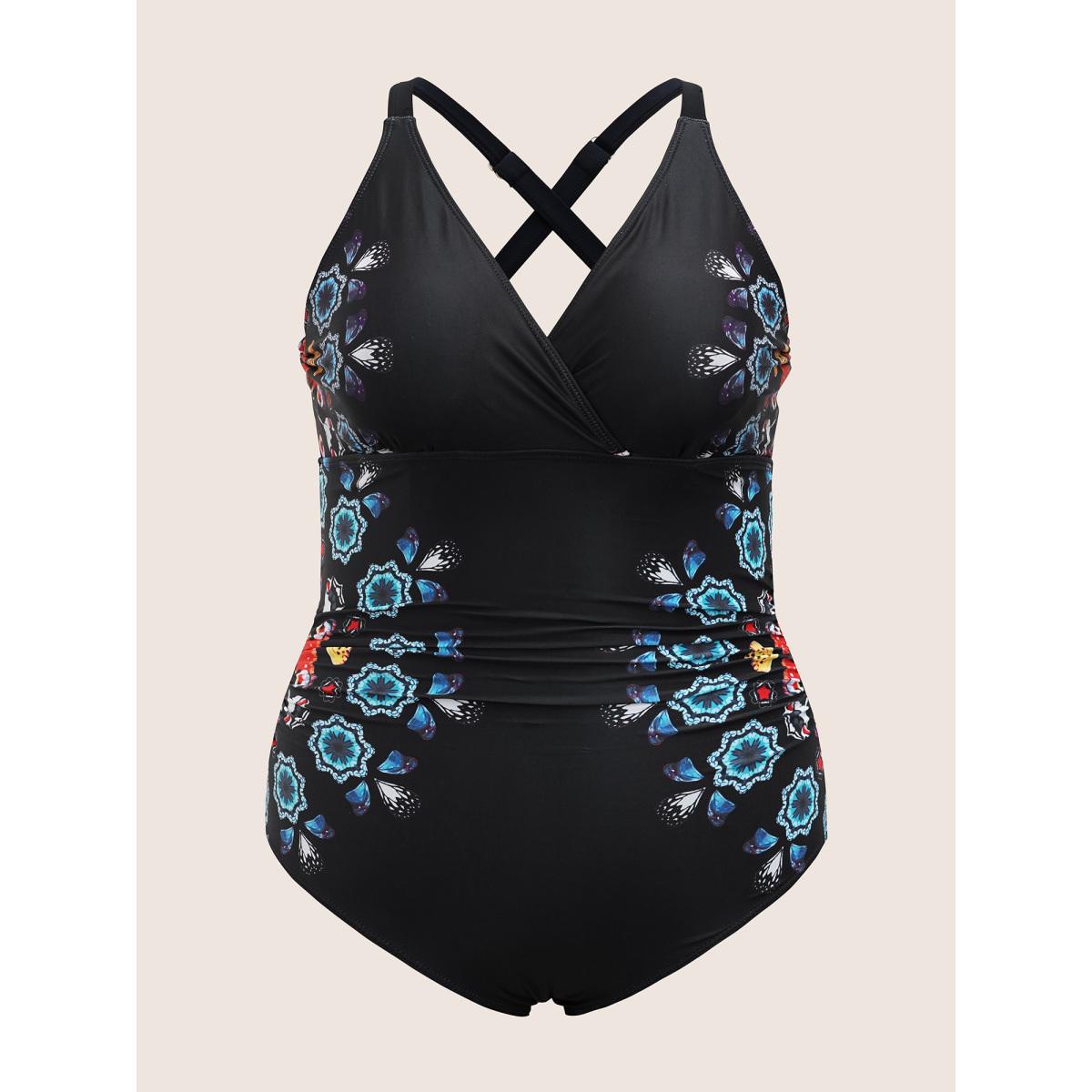Plus Size Overlap Collar Boho Print Gathered One Piece Swimsuit Women's Swimwear Black Beach Gathered Curve Bathing Suits High stretch One Pieces BloomChic 14-16/1X Product Image