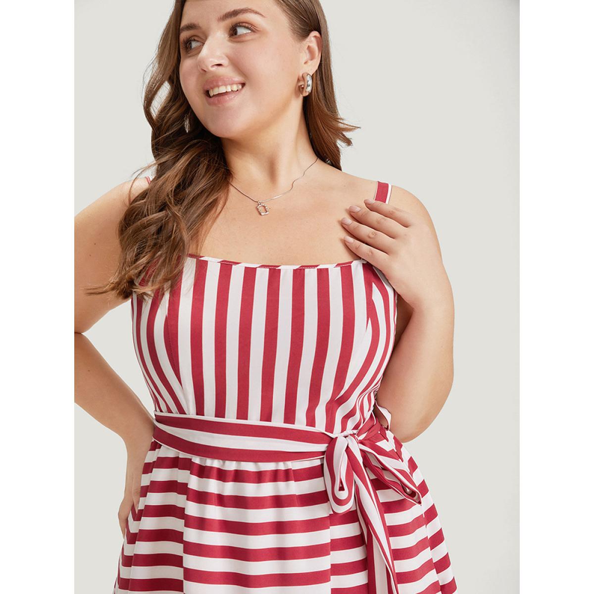Plus Size Striped Print Belted Ruffle Layered Hem Cami Dress Scarlet Women Office Adjustable Straps Spaghetti Strap Sleeveless Curvy Midi Dress BloomChic 14-16/1X Product Image
