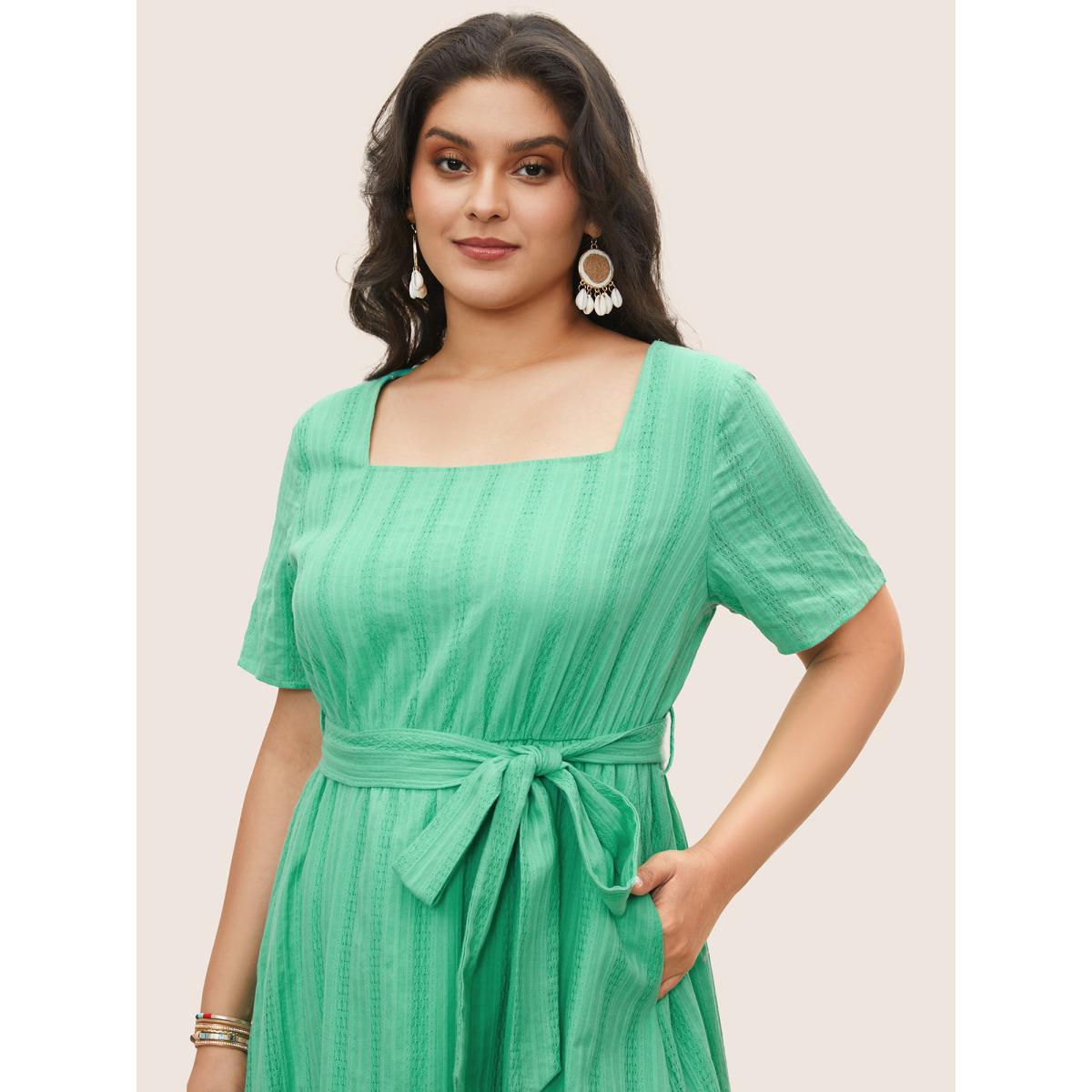 Plus Size Square Neck Texture Patchwork Ruffle Hem Dress Aquamarine Women Resort Texture Square Neck Short sleeve Curvy Midi Dress BloomChic 22-24/3X Product Image