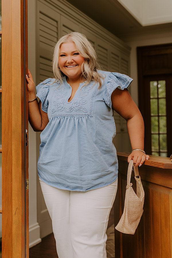 Farmers Market Cutie Embroidered Chambray Top in Light Wash Curves Product Image