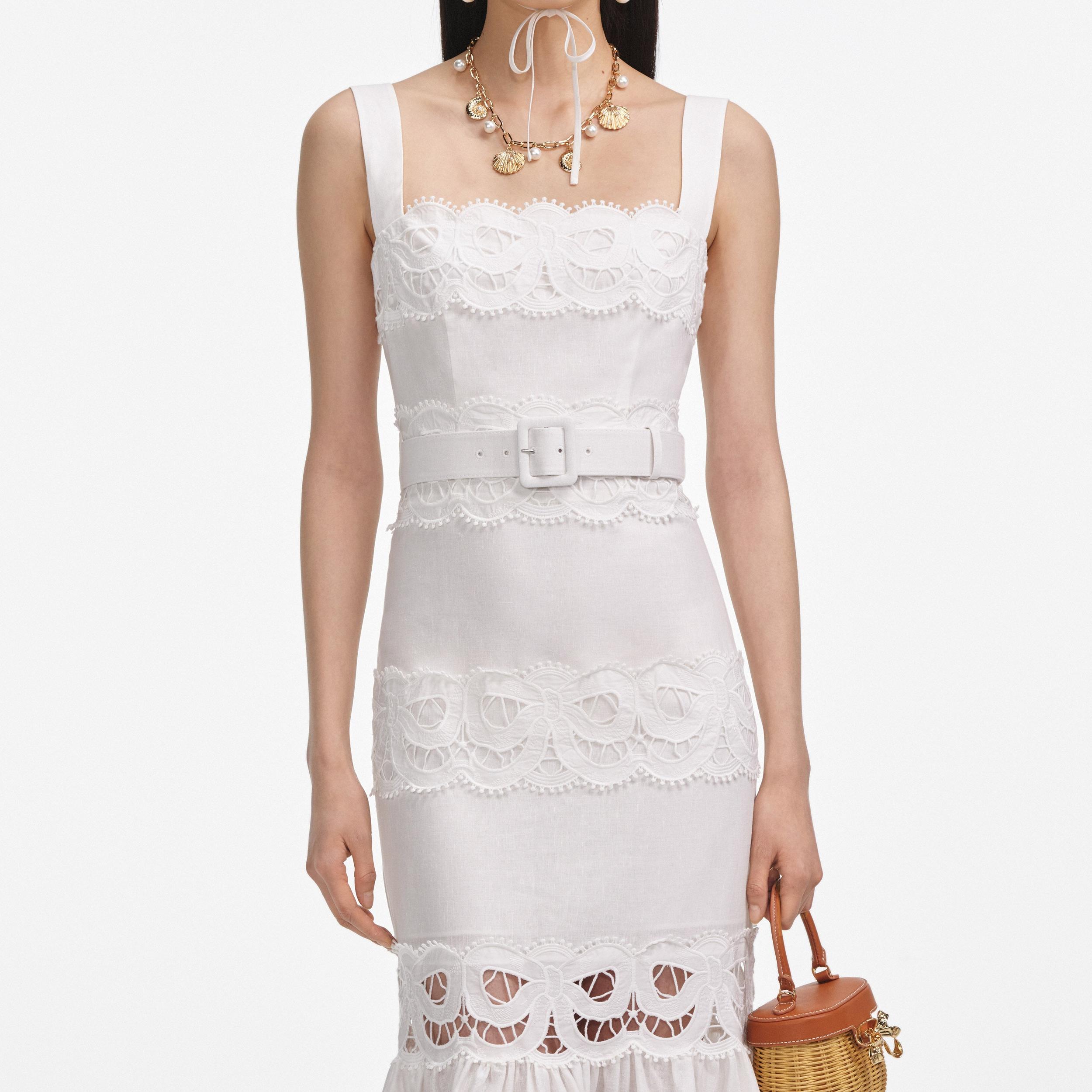 White Linen Lace Insert Midi Dress Product Image