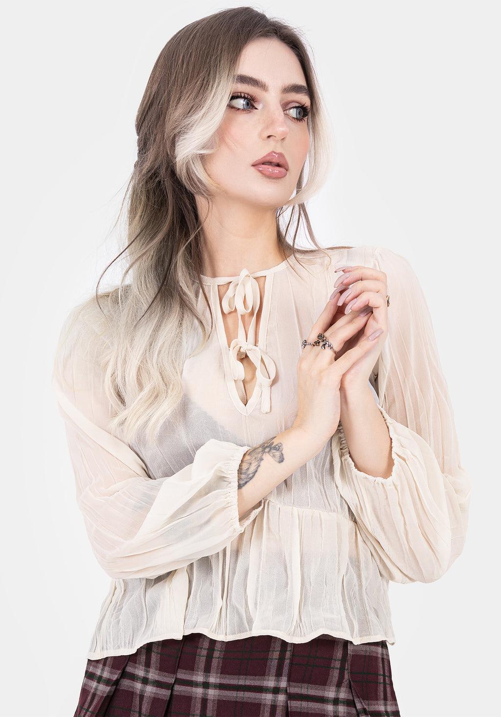 Villain Textured Tie Front Peplum Blouse - White Product Image