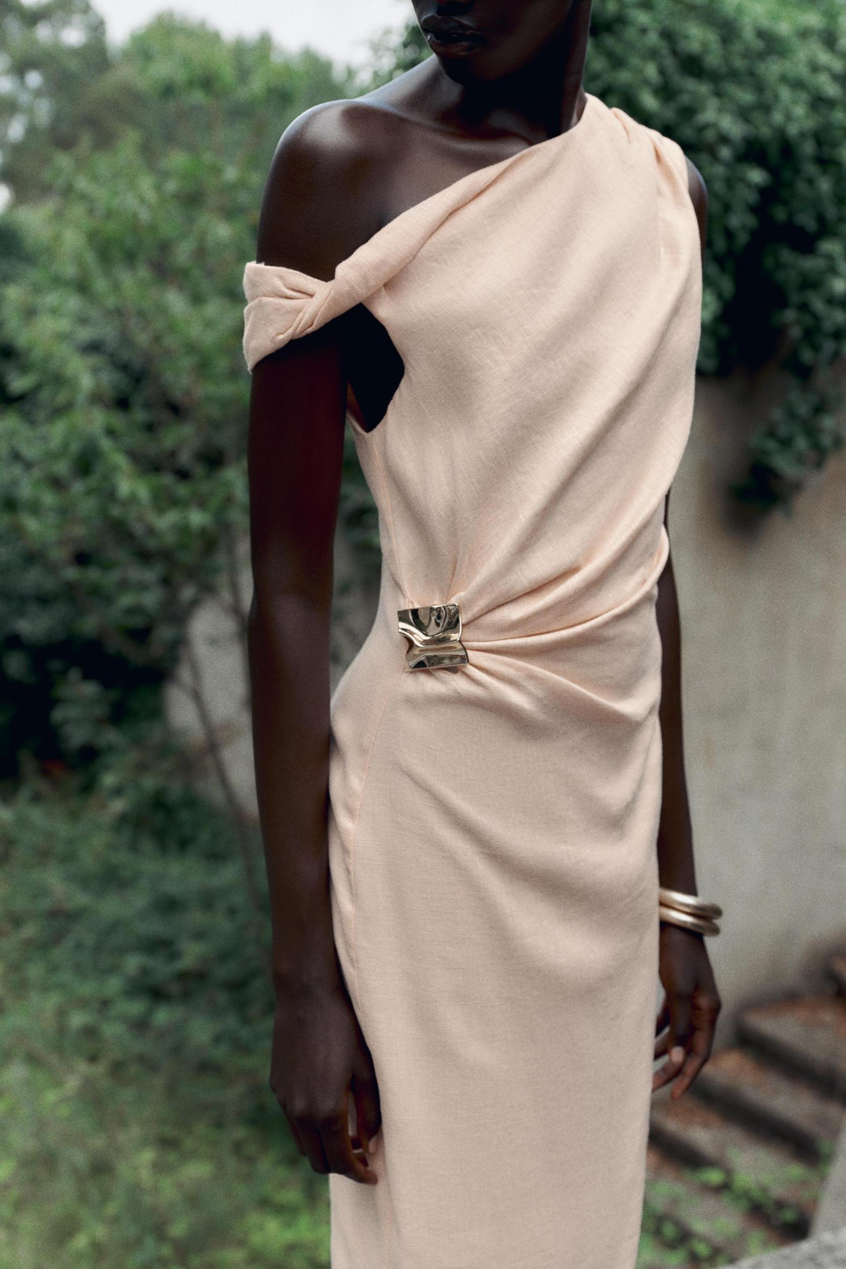 ASYMMETRIC LINEN-BLEND MIDI DRESS WITH APPLIQUÉ Product Image