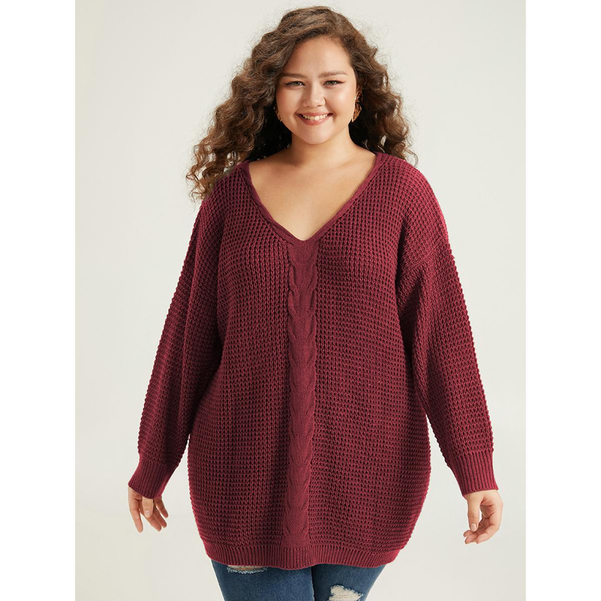 Plus Size Cable Knit Plain Elastic Cuffs Pullover Burgundy Women Casual Loose Long Sleeve V-neck Dailywear Pullovers BloomChic 10/M Product Image