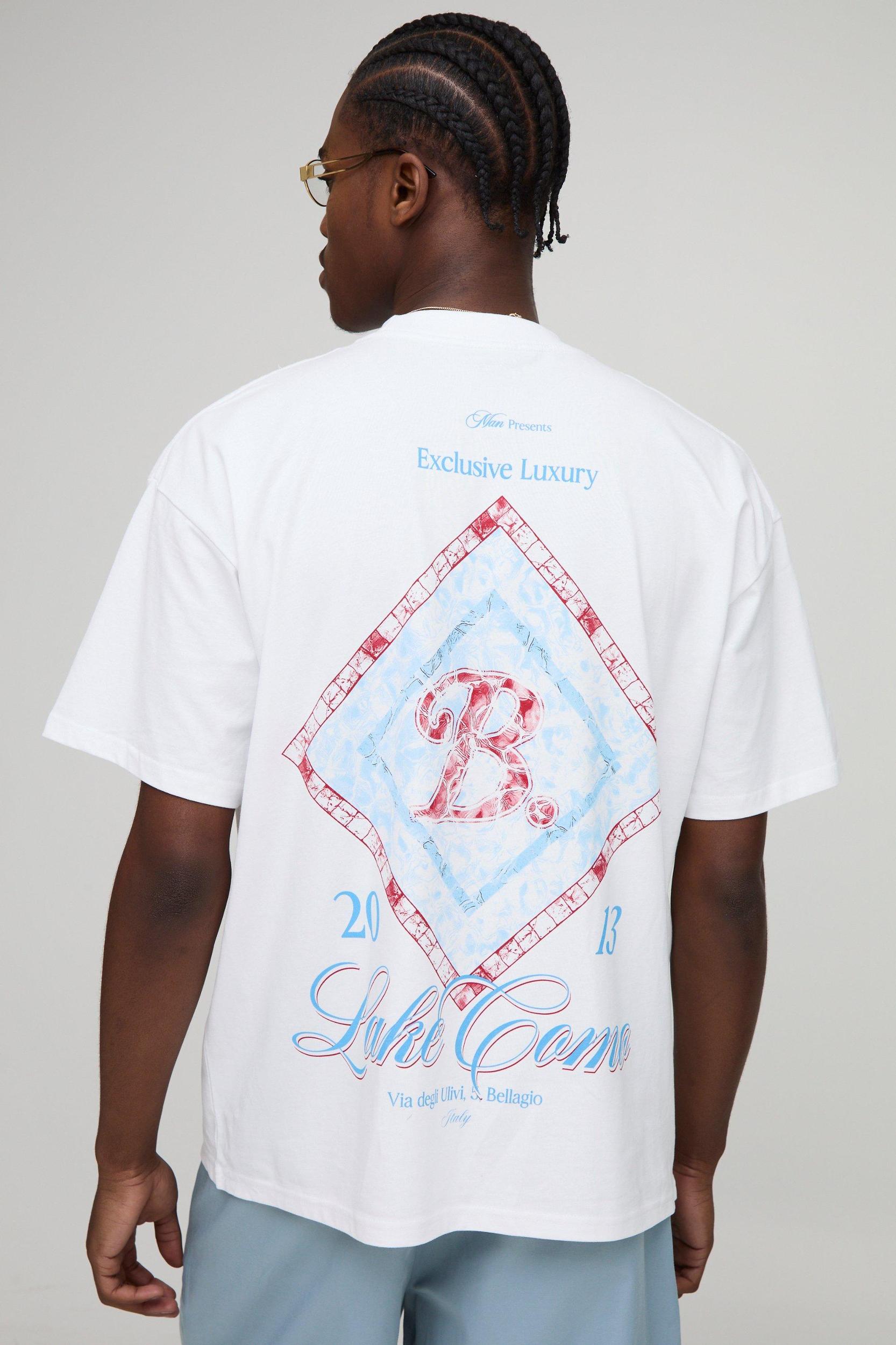 White Oversized Extended Neck MAN Lake Como Printed T-Shirt | boohooMAN USA Product Image