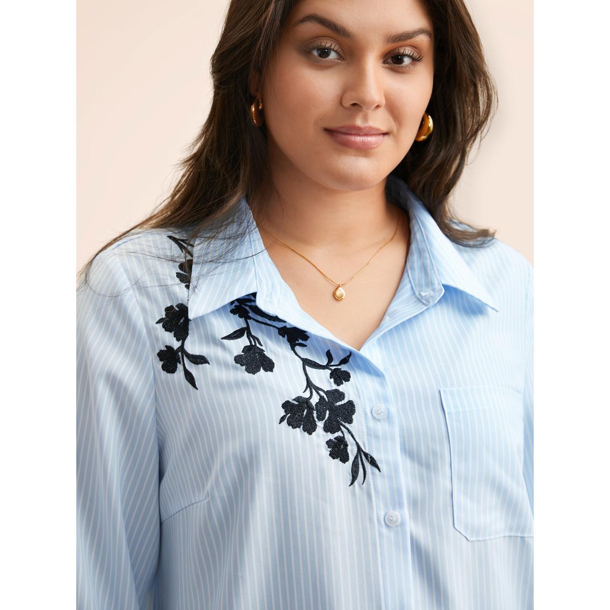 Plus Size LightBlue Floral Embroidered Striped Patched Pocket Blouse Women Elegant Elbow-length sleeve Shirt collar Everyday Blouses BloomChic 28/5X Product Image