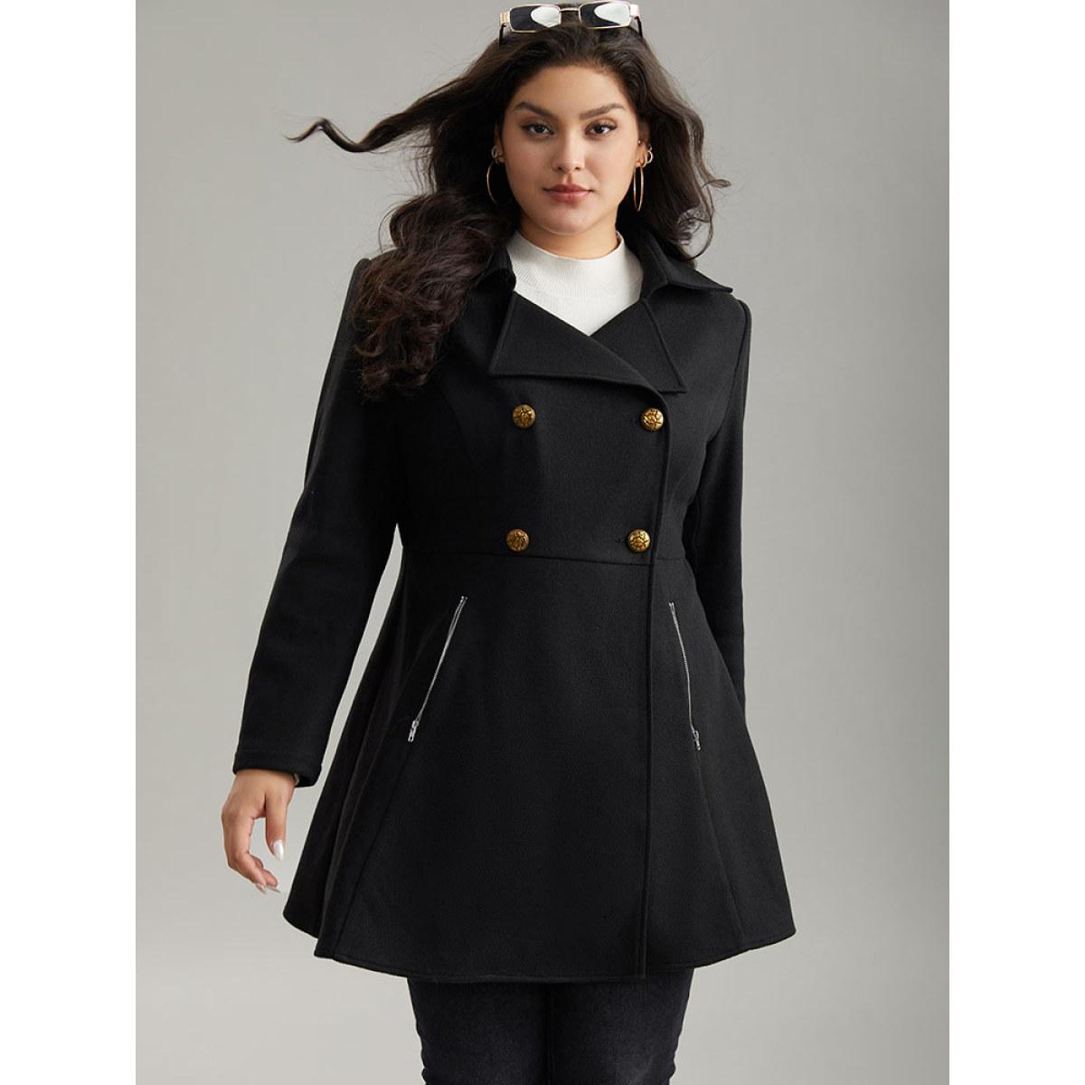Plus Size Lapel Collar Metal Detail Zipper Pocket Coat Women Black Casual Plain Ladies Dailywear Winter Coats BloomChic 14-16/1X Product Image