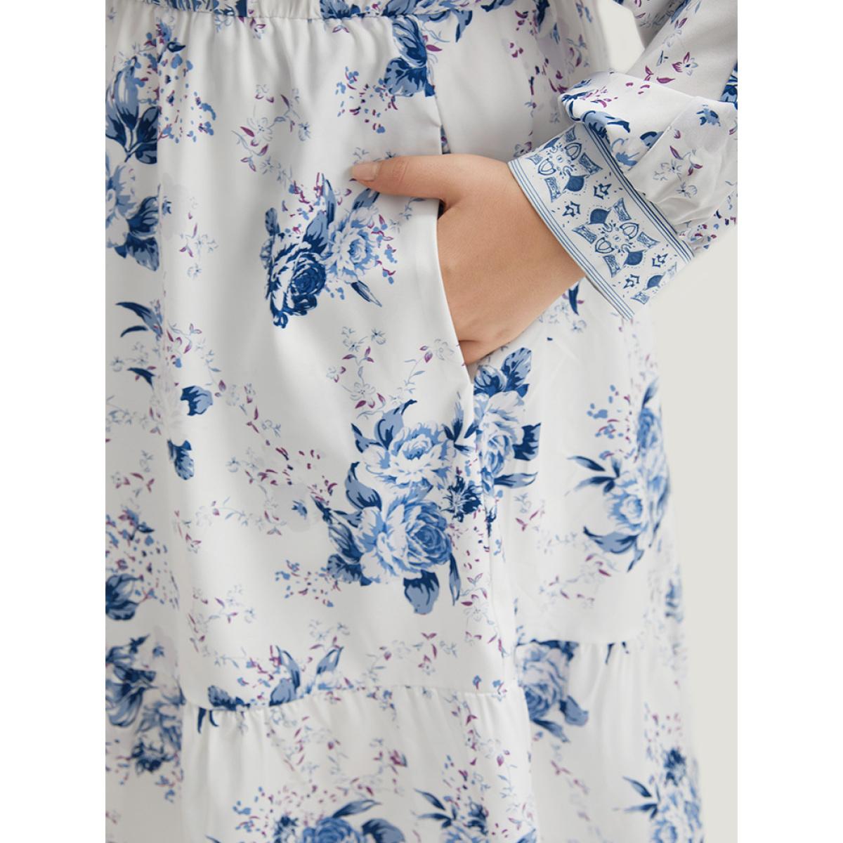 Plus Size Floral Print Lantern Sleeve Pocket Ruffle Dress Stone Women Vacation Printed V-neck Long Sleeve Curvy Midi Dress BloomChic 30/6X Product Image