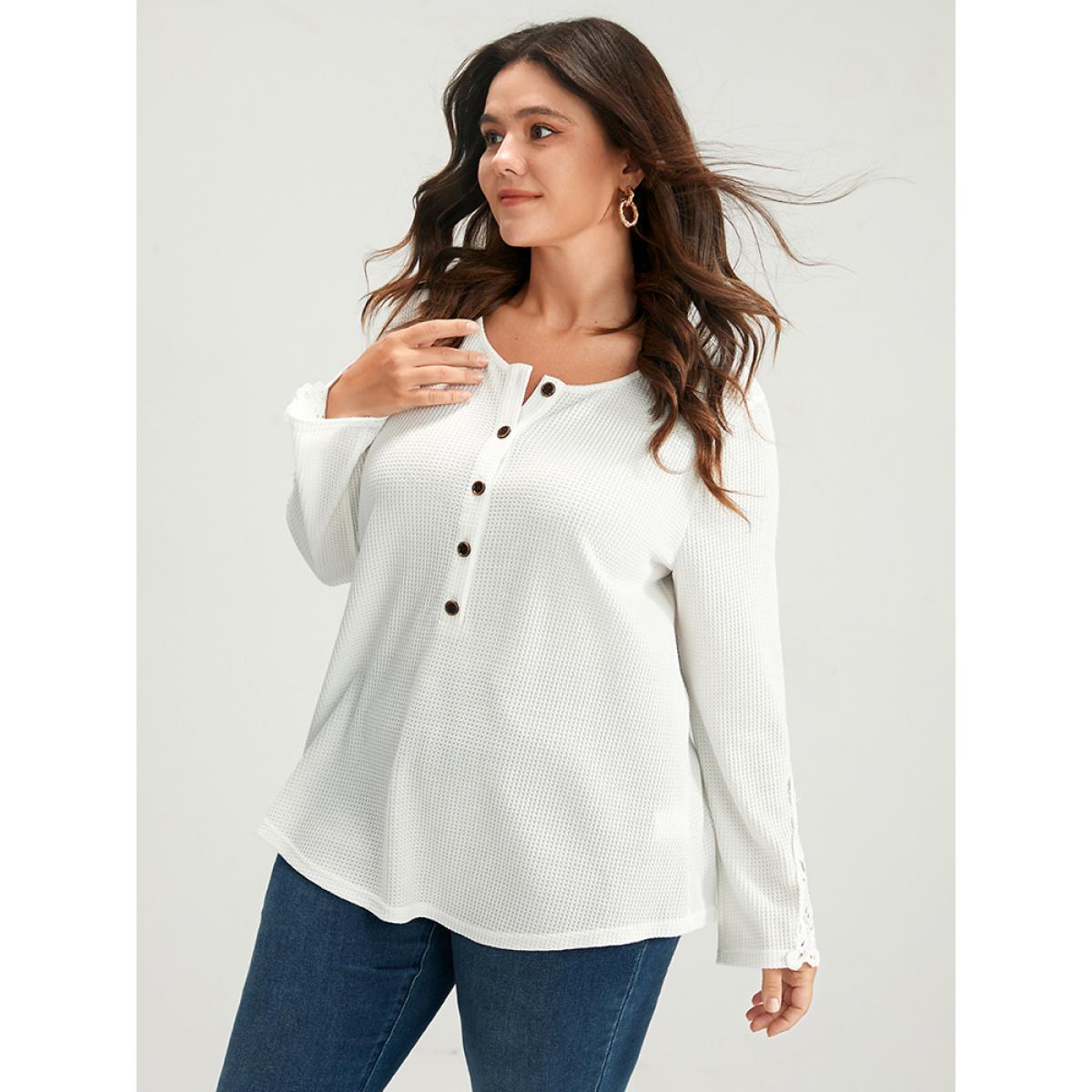 Plus Size Solid Button Up Waffle Knit Long Tee White Women Elegant Plain Plain Round Neck Dailywear T-shirts BloomChic 12/L Product Image